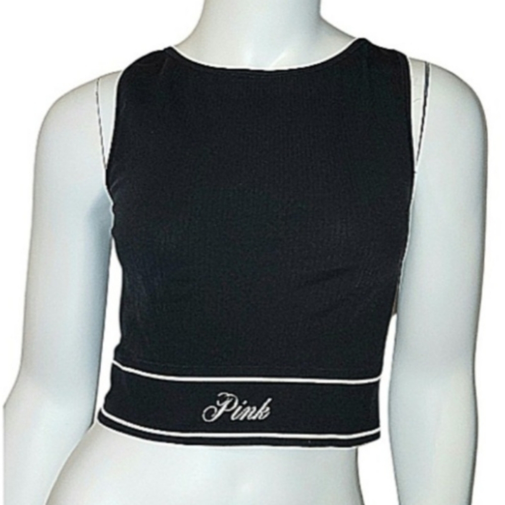 PINK Victoria's Secret Black Seamless High-Neck Logo Crop Top Knit Bralette